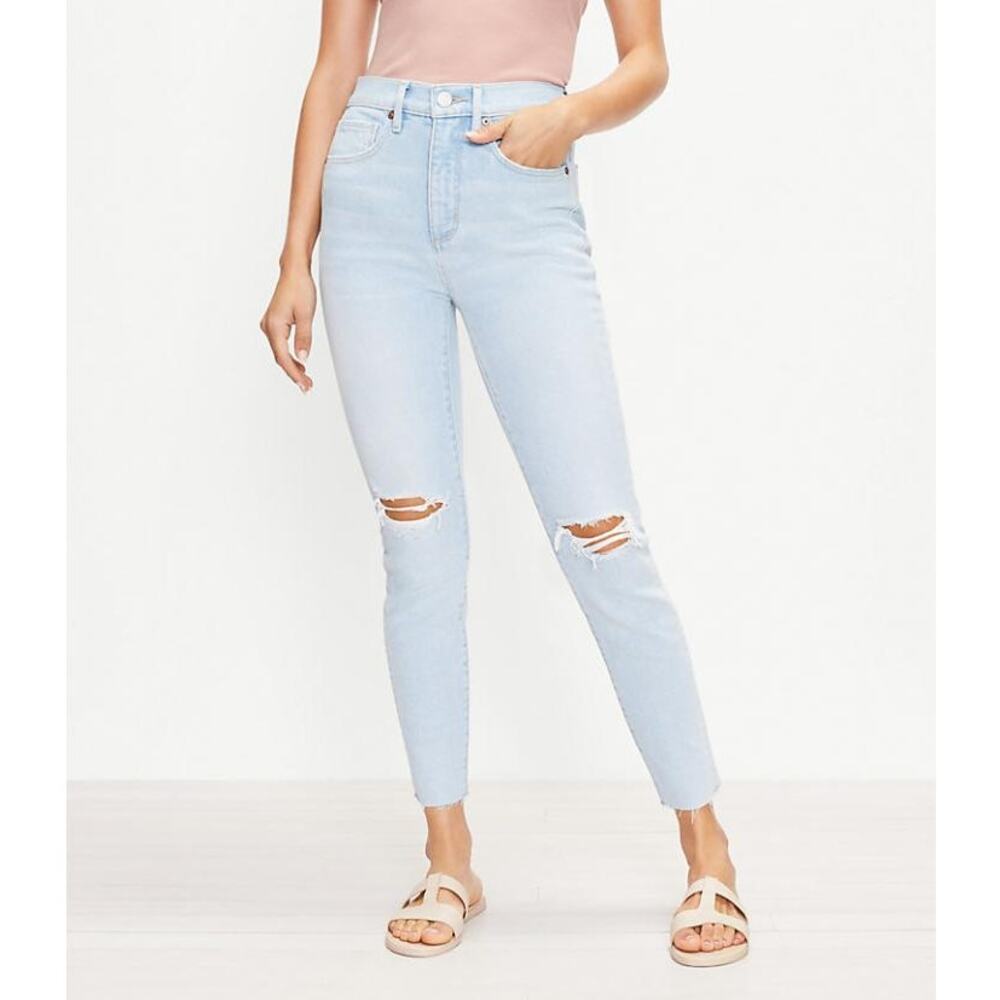 LOFT Women's Deconstructed High Waist Skinny Ankle Jeans Size 26/2 Distressed